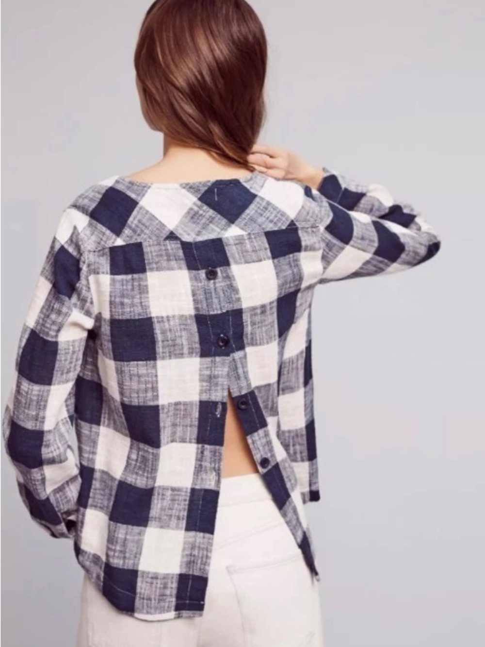 Anthropologie Cloth & Stone Blouse Linen Blend‎ M Navy Blue White Buffalo Plaid - Picture 3 of 10